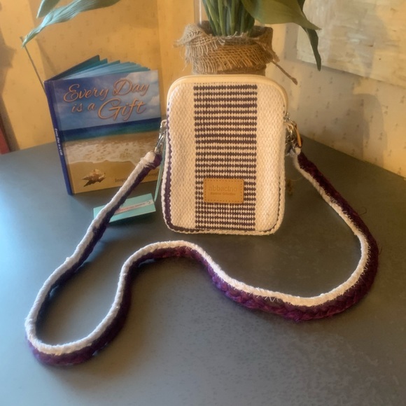 Abbacino, NEW WITH TAGS, LILAC and CREAM striped mobile phone bag, natural fiber - Picture 1 of 8